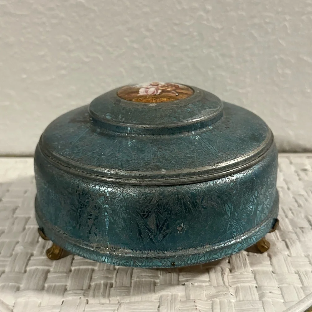 ANTIQUE VASELINE URANIUM GLASS powder puff bowl inside a tin lidded container - Picture 8 of 16
